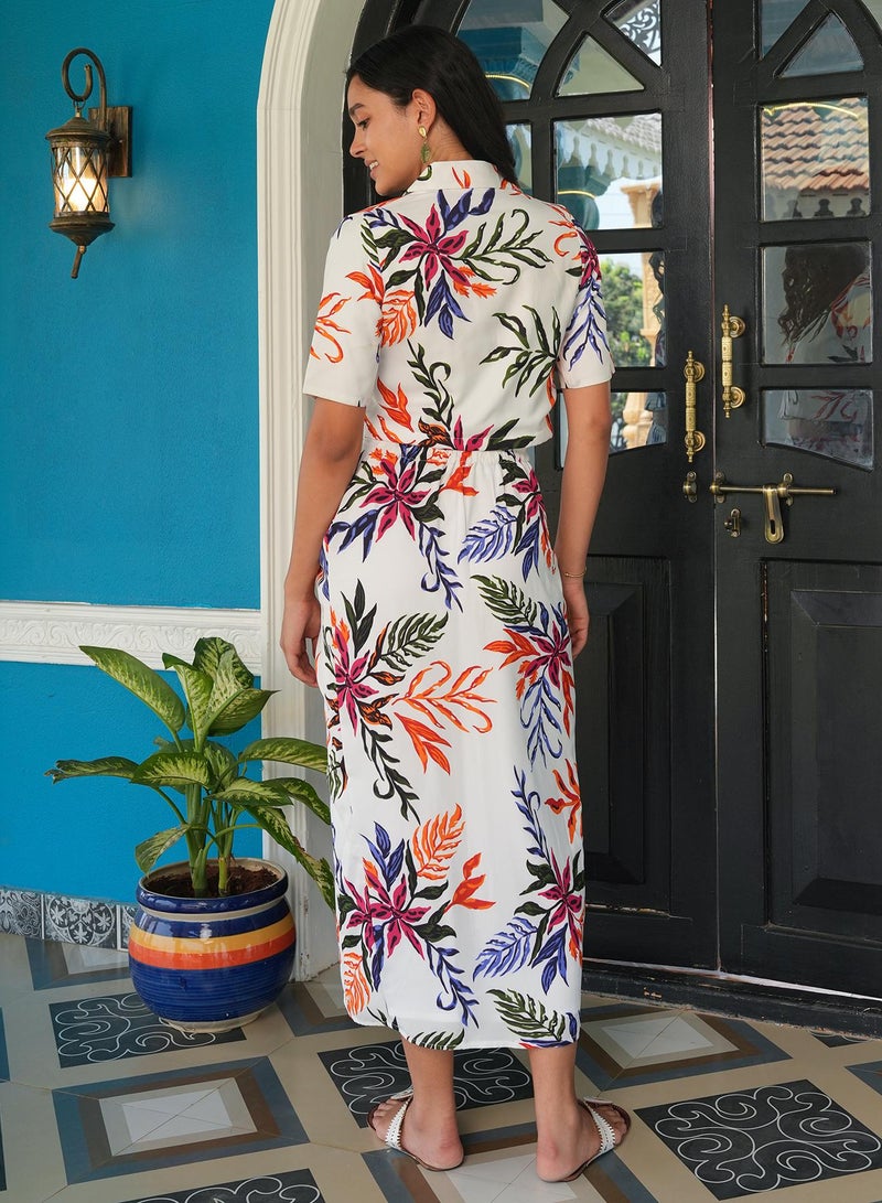 QISSA Women's Daisy White Flowing Botanics Co-Ord Set For Casual Wear | Cuban Collar | Short Regular Sleeves | 2 Piece Co-Ords Designed With Comfort Fit For Everyday Ethnic Wear - Image 5